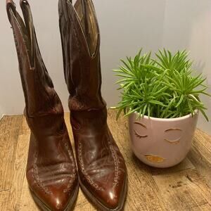 🪀BROWN All LEATHER Cowboy Boot Lots of Stitching -Pointed Toe Size 10 D